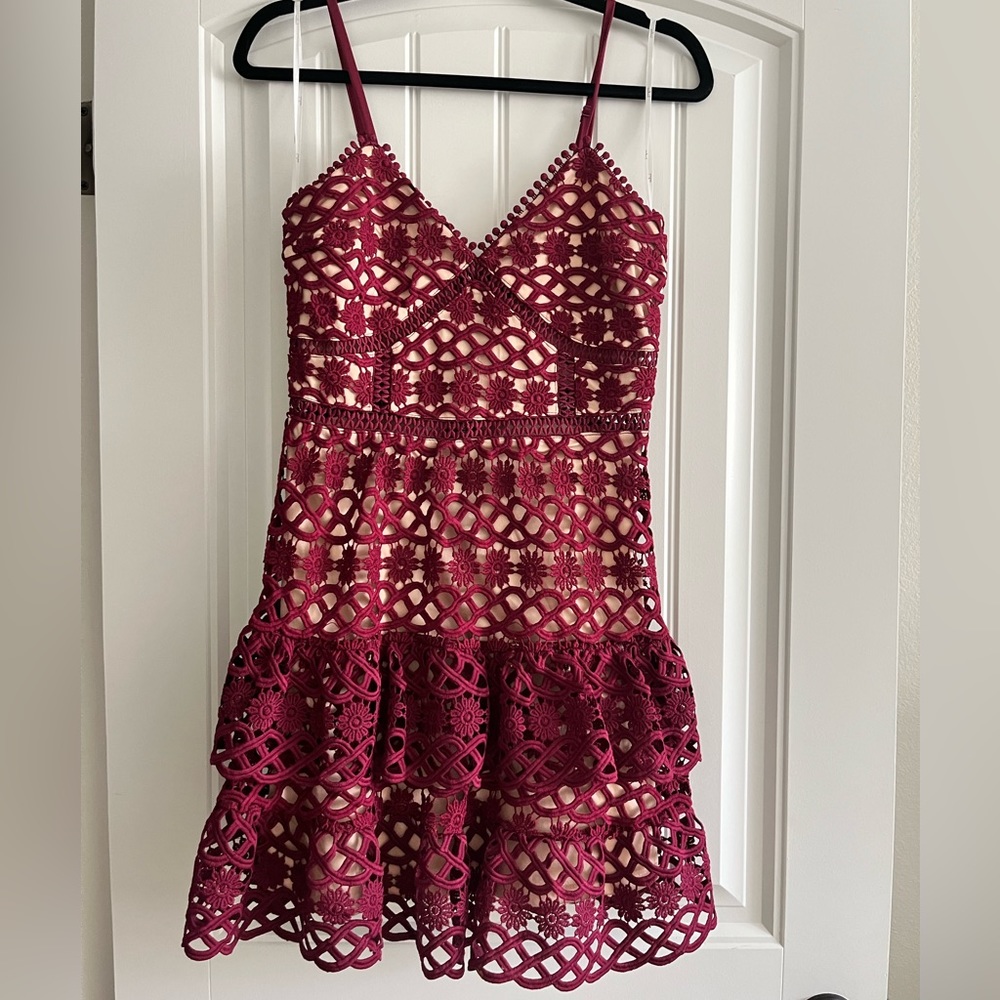 Lulu’s burgundy crochet mini dress with nude lining